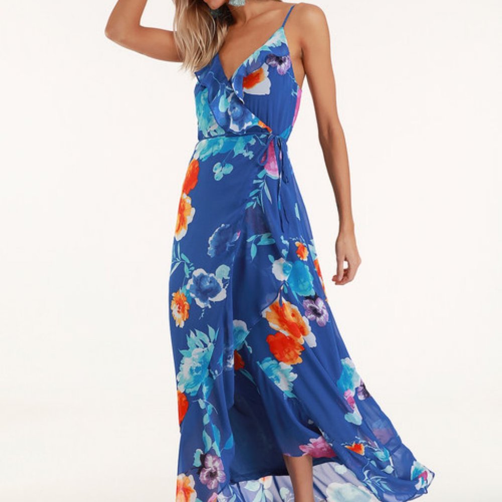 Lulu's Ladean Royal Blue Floral Print Ruffled Wrap Maxi Dress